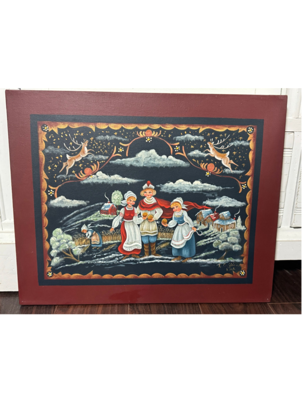 Original R Coffand Nordic Folk Art Women Winter Village Christmas Painting 20x16